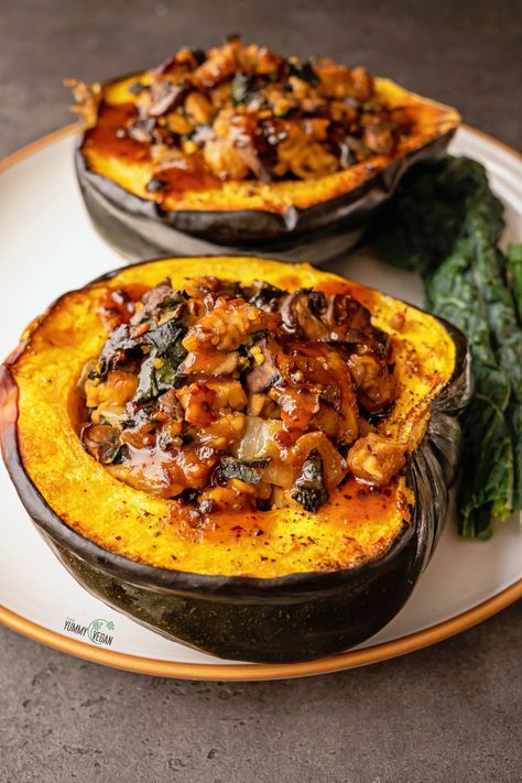 Tempeh Miso Stuffed Acorn Squash — The Yummy Vegan Vegan Stuffed Pumpkin Recipes, Vegan Stuffed Pumpkin, Acorn Squash Recipe Vegan, Sweet Dumpling Squash Recipe, Vegan Acorn Squash Recipes, Vegan Stuffed Squash, Acorn Squash Vegan, Vegan Acorn Squash, Vegetarian Stuffed Acorn Squash