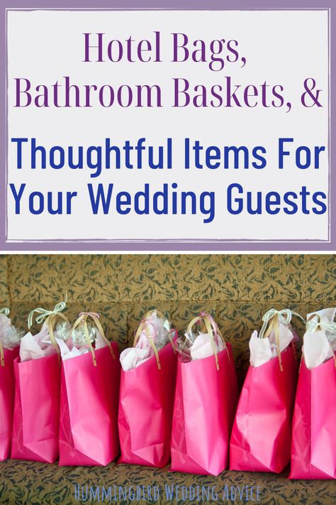 There are tons of thoughtful ways to impress your wedding guests and make them feel special at your wedding. From providing hotel bags filled with goodies from the moment they arrive, to having a basket with essentials at your wedding, plus blankets for cold weddings, fans for hot weddings, and many other fun ideas, this post goes over all the thoughtful ideas you can take care of your guests at your wedding // hotel bag // bathroom basket // wedding blankets // wedding guests // impress guests Hotel Favors For Wedding Guests, Hotel Baskets For Wedding Guests, Wedding Gift Bags For Hotel Guests Diy, Wedding Hotel Welcome Bags Ideas Diy, Basket For Wedding Bathroom, Gift Bags For Wedding Guests At Hotel Basket Ideas, Hotel Wedding Bags Welcome Gifts, Out Of Town Wedding Guest Bags Welcome Baskets Hotels, Wedding Guest Overnight Gift Bags