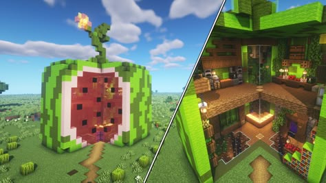 Minecraft Watermelon Build, Minecraft Melon House, Food Houses Minecraft, Minecraft Watermelon House, Minecraft Fruit Build, Apple House Minecraft, Fruit Minecraft House, Fruit House Minecraft, Minecraft Fruit House