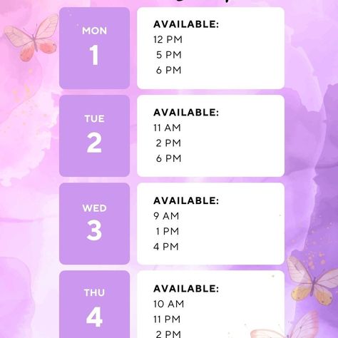 Butterfly Availability Calendar Weekly for your Instagram Story or post. Weekly Available Booking Time Slots very easy to edit in Cavna. Social Media Post Template for hair stylists, lash tech, nails tech, and anyone else in the beauty industry who needs a cute calendar for their IG story! DM with “Butterfly” to receive one of my products FOR FREE!🩷 https://rebrand.ly/6wvefc0 #socialmediapost #socialmediaplanner #socialmediamarketing #socialmediasign #canvatemplate #AvailableBooking #H... Tech Nails, Nails Tech, Scheduling Template, Cute Calendar, Social Media Post Template, Lash Tech, Social Media Planner, Hair Stylists, Instagram Story Template