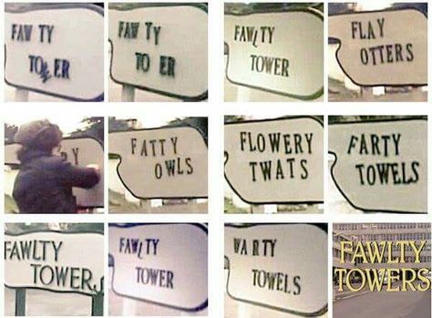 Fawlty Towers signs Fawlty Towers, 70s Nostalgia, Classic Comedies, My Generation, Good Ole Days, Monty Python, Movie Party, Tv Radio, Old Tv Shows