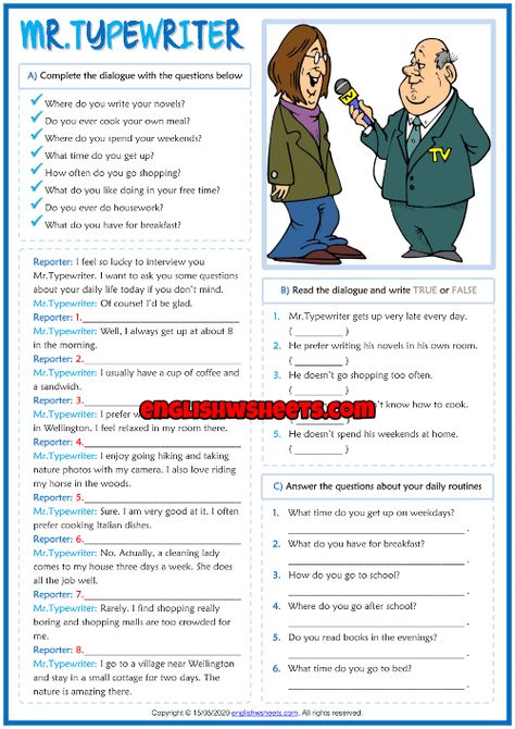 Daily Routines ESL Dialogue Comprehension Exercises Worksheet Dialogue Writing Worksheets, Improve English Writing Skills, Simple Present Tense Worksheets, Improve English Writing, Present Simple Tense, Esl Reading Comprehension, Dialogue Writing, English Textbook, Esl Reading