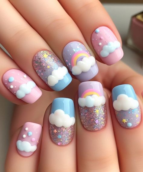 Minimalist magic with shine! ✨ Elevate your cloud and rainbow design with a touch of glitter. Add a delicate shimmer to the base coat or a single line of glitter outlining the clouds for a modern and chic look. Nail Art Designs 2024 Difficult Nail Art Designs, Pastel Nail Art Designs, Clouds Nails, Nail Art Rainbow, Baby Nail Art, Rainbow Nail Art Designs, Paw Print Nails, Cloud Nails, Cloud And Rainbow