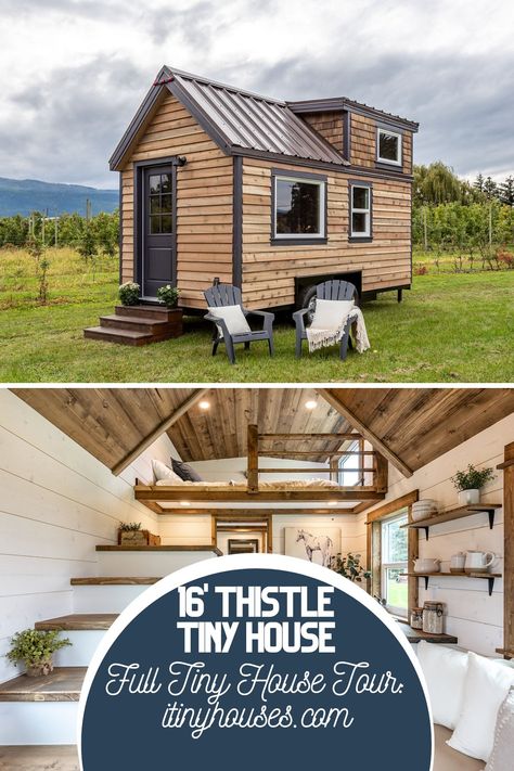 Grab the 16' Thistle tiny home floor plans to make your own DIY tiny house dreams come true! A perfect single-person home! Small Houses On Wheels, Rustic Tiny House, Tiny Mobile House, Tiny Loft, Tiny House Company, Small Villa, Diy Tiny House, Small House Interior, Tiny House Loft