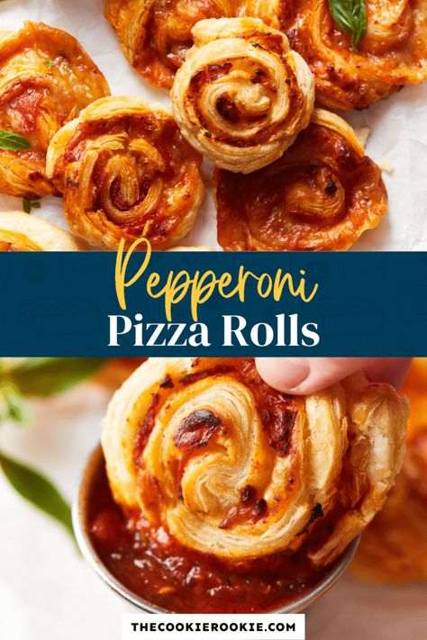 Pepperoni Pizza Rolls (Pizza Pinwheels) Recipe - The Cookie Rookie® Pepperoni Pinwheels, Pizza Rolls Recipe, Pepperoni Pizza Rolls, Puff Pastry Pizza, Homemade Pizza Rolls, Pizza Pinwheels, Pizza Roll Recipe, Pizza Roll Up, Pepperoni Rolls