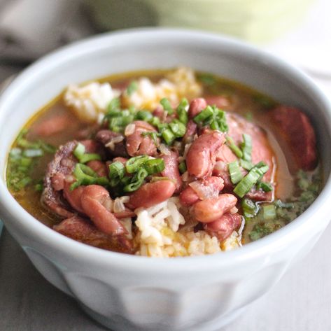 He forgot the celery and parsley! Also - no W sauce but maybe some sherry vinegar, use paprika, thyme and mace instead of creole seasoning. Try adding a bit of pickled pork sometime. ♥ Chicken Red Beans And Rice, Red Beans And Rice Soup, Creole Chicken, Red Bean Soup, Creole Cooking, Red Beans And Rice, Instant Pot Soup Recipes, Beans And Rice, Instant Pot Soup