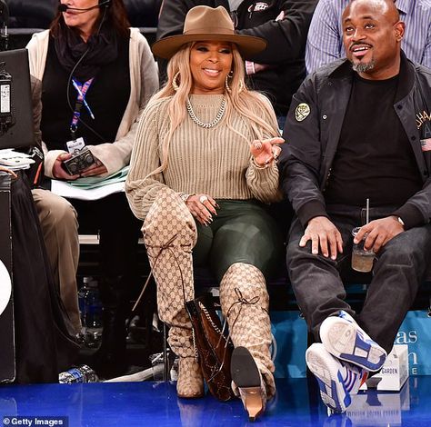 Mary J. Blige steps out in a pair of £1,240 Gucci canvas boots for a basketball game in New York Mary J Blige Boots, Black Symbols, Black Presents, No More Drama, Concert Attire, Gucci Boots, Mary J Blige, Nice Clothes, Canvas Boots