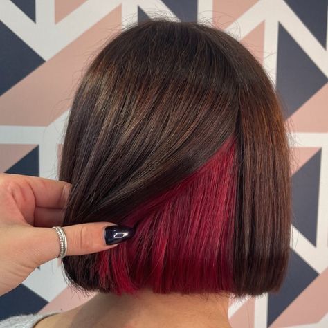 44 Peekaboo Highlights Ideas for Any Hair Color Hidden Vibrant Hair Color, Peekaboo Color On Natural Hair, Color Tipped Hair, Long Bob With Peekaboo Color, Wine Peekaboo Hair, Peekaboo Hair Color Brunettes Short, Pickaboo Hair Dye, Hair With Underneath Color, Colored Peekaboo Highlights