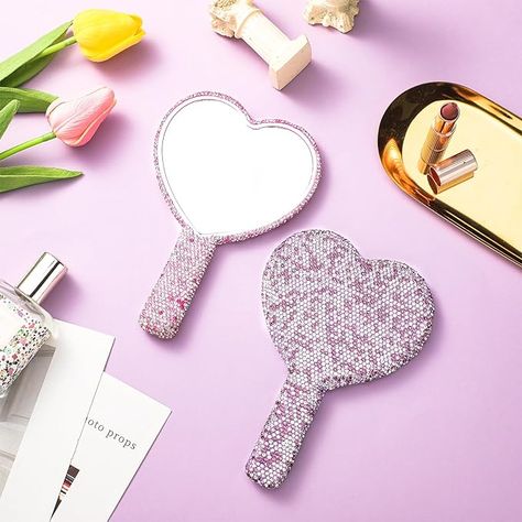 2 Pcs Rhinestone Handheld Mirror Pink Mirror Adorable Bling Glitter Cosmetic Heart Dazzling Mirror Portable Hand Mirrors with Handle for Women Girls (Pink and Purple) Lash Mirror, Rhinestone Mirror, Hand Mirrors, Heart Mirror, Shaped Mirror, Handheld Mirror, Lip Shapes, Pink Mirror, Rhinestone Heart