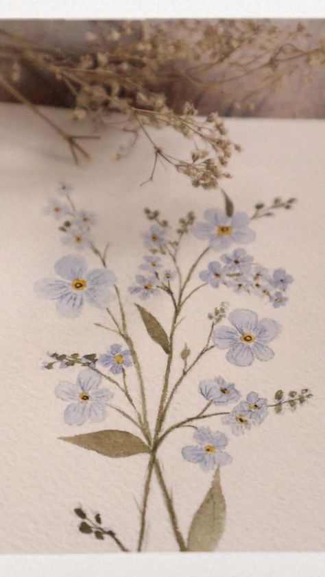 Delicate Flower Painting, Forget Me Not Watercolor Painting, Watercolor Vintage Painting, Painted Forget Me Nots, Dainty Watercolor Flowers, Forget Me Not Flowers Watercolor, Forget Me Nots Painting, Wild Flower Painting Acrylic Simple, How To Draw Wildflowers