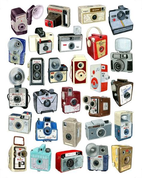 cameras Telephone Drawing, Fotocamere Vintage, Futurisme Retro, Camera Drawing, Antique Cameras, Old Cameras, Illustration Photo, Vintage Cameras, Vintage Camera