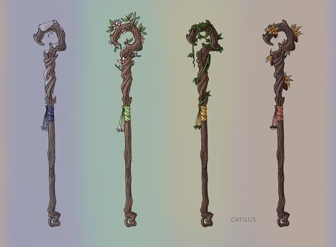 A magic staff that changes its appearance to reflect the season of the world!  Emmanteinsien is the God of treants, and this staff was once one of his ageless branches.  #Catilus #Catilusart #Patreon #Commission #wow #dnd #criticalrole #dnd5e #art #fantasy #ttrpg #roleplaying #item #roleplay #staff #magic #druid Staff Ideas Magic, Anime Staff Design, Dnd Staff Art, Mushroom Staff Art, Druid Staff Design, Mage Staff Aesthetic, Magic Staff Art, Quarter Staff Dnd, Fantasy Staff Design