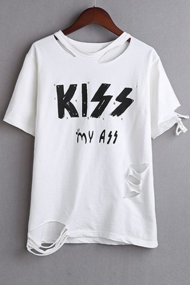 Ripped Round Neck Letter Print Short Sleeves Boxy Top How To Rip Your Jeans, Ripped Shirt, Destroyed T Shirt, Ripped Shirts, Ripped Tshirt, Distressed Shirt, Boxy Top, Distressed Tee, Diy Shirt