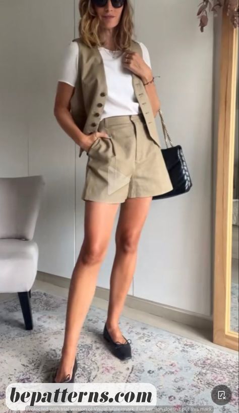 Evening Dresses | Outfit Ideas for Date Night Short And Vest Outfit, Waistcoat With Tshirt, Oversized Waistcoat Outfit, Linen Waistcoat Woman Outfit, Khaki Vest Outfit Women, Beige Waistcoat Outfit, Summer Vest Outfits, Vest And Shorts Outfit, Linen Vest Outfit