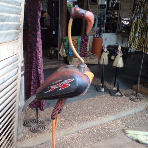 This is an amazing piece of art! My husband bought this Pelican in Ghana Africa and it is made out of old motorcycle parts. Rustic Shelving, Pelican Bird, Workshop Garage, Welding Tips, Heavy Metal Art, Greenhouse Plans, Found Object Art, Metal Works, Motorcycle Art