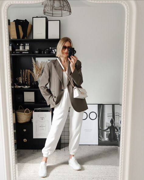 https://ltk.app.link/W0gJQZOKPfb Tracksuit Blazer Outfit, Tracksuit And Blazer Outfit, Styling White Joggers Women, Ivory Joggers Outfit, Oversized Blazer Outfits Casual, Bulky White Sneakers Outfit, Oversized Green Blazer Outfit, Oversized Joggers Outfit Women, Sweatsuit With Blazer