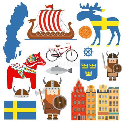 Set with design elements of symbols of Sweden and map vector illustration Country Symbols, Elements Symbols, Sweden Map, Stencil Fabric, Element Symbols, Dala Horse, Malmo, Illustrated Map, Map Vector