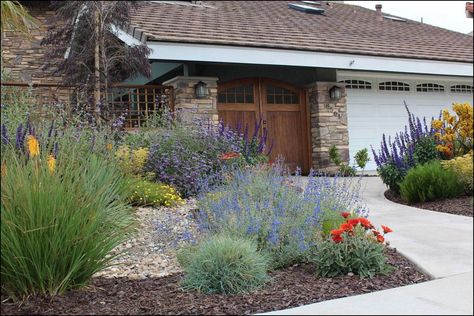 Native California plants combine well with other low-water Mediterranean plants. California Native Landscape, California Landscaping, Xeriscape Front Yard, Pathway Ideas, Block Bench, California Native Garden, Villa Architecture, California Plants, Small Front Yard Landscaping