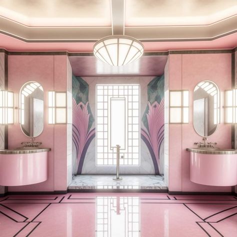 60s Art Deco, Pink Art Deco Bedroom, 1920 Art Deco Interior, Amsterdam Bedroom, Miami Art Deco Interior, Art Deco Home Exterior, Art Deco Arquitectura, Art Deco Interior 1920s, Art Deco Mansion