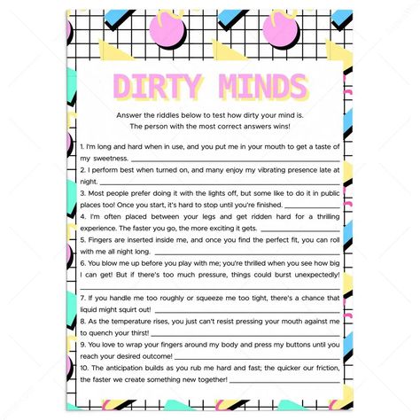 Hilarious Bachelorette Dirty Minds Game | Answer Key Included Bachelorette Game Night, Drinking Dice Games, Free Bachelorette Party Games, Dirty 30 Party, Dirty Bachelorette Party, Bachelorette Party Unique, Ultimate Bachelorette Party, Bachelorette Planning, Funny Questions