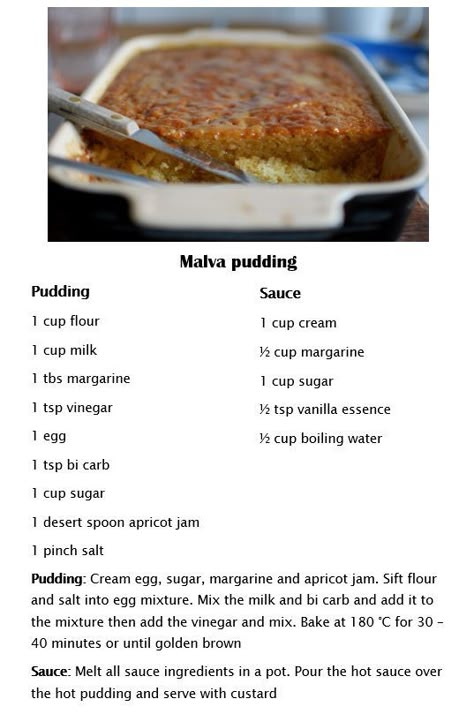 Malva Pudding Recipe, Malva Pudding, Cookie Recipes Homemade, Sweet Dishes Recipes, Quick Recipes Snacks, Sweet Recipes Desserts, Delicious Cake Recipes, Easy Baking Recipes Desserts, Sweet Snacks Recipes