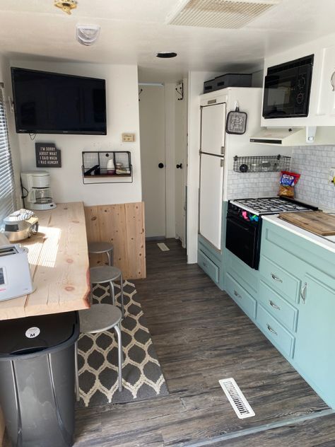 Mini Trailer Remodel, Small Camper Set Up, No Slide Camper Remodel, Fema Trailer Remodel Ideas, Camper Renovation No Slides, Driving Camper Remodel, Travel Trailer Dinette Remodel, Tiny Camper Makeover, Pull Behind Camper Remodel