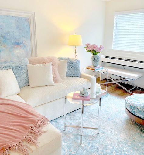 Tiffany and Adam's Apartment Reveal! | Turtle Creek Lane Pink Grand Millenial, Pastel Pink Living Room Aesthetic, Blue Pink Room Decor, Pink And Blue Decor Living Room, College Apartment Decor Living Room Blue, Pastel Blue Home Decor, Blue Pink Room Aesthetic, Pink And Blue House Decor, Pink And Blue Apartment Aesthetic