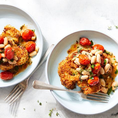 Parmesan-Crusted Cauliflower with White Beans & Tomatoes Parmesan Crusted Cauliflower, Beans And Tomatoes, Cauliflower Steak, Cauliflowers, Vegetarian Nutrition, Sunday Dinners, Tomatoes Recipe, Meatless Recipes, Cauliflower Steaks