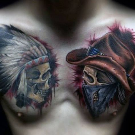 Cowboy And Indian Skulls Mens Chest Tattoos Indian Skull Tattoos, Native American Tattoo Designs, Indian Tattoos, Cowboy Tattoos, Native American Tattoo, Native American Tattoos, Worlds Best Tattoos, Simple Branding, Indian Skull