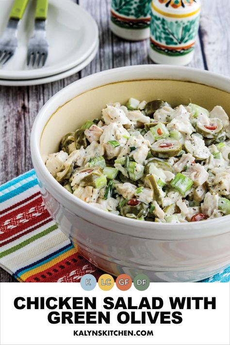 Pinterest image showing Chicken Salad with Green Olives in round glass bowl on a multi-colored striped napkin. Olive Chicken Salad, Chicken Salad With Green Olives, Chicken Salad With Olives, Recipes Using Green Olives, Recipes With Green Olives, Green Olives Recipes, Green Olive Recipes, Cold Chicken Pasta Salad, Green Olive Salad