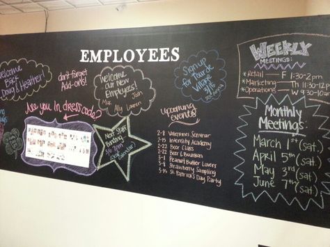 Employee chalk board wall #diy Reconigtion Board, Employee Board Ideas Offices, Employee Information Board, Employee Of The Month Board Ideas Diy, Workplace Motivation Board, Employee Break Room Decorating Ideas, Employee Wall Ideas, Fun Office Decor Workspaces, Employee Board Ideas Break Room