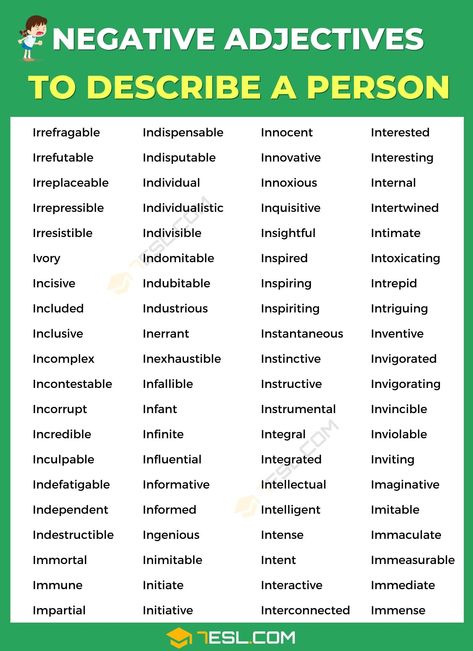 Negative Adjectives to Describe a Person Negative Adjectives To Describe People, Negative Adjectives, Adjectives To Describe Personality, Adjectives To Describe People, Personality Adjectives, Describe A Person, Positive Adjectives, Words To Describe People, Expand Your Vocabulary