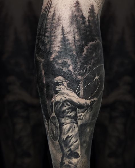 2nd pass over this cover up . Partially healed/fresh. this fly fishing theme that wraps around his whole lower calf. #coverup #tattoo #tattoos #blackandgrey #blackandgreytattoo #saltlakecity #flyfishing #outdoors #nature #art #artist #artistsoninstagram @inkjecta @davincineedles Fishing Tattoo For Men Sleeve, Flyfishing Tattoo, Fly Fisherman Tattoo, Tattoo Ideas For Men Fishing, Fishing Leg Sleeve Tattoo, Fly Fishing Tattoos, Fishing Arm Tattoo, Men Tattoo Ideas Fishing, Fishing Tattoo For Men