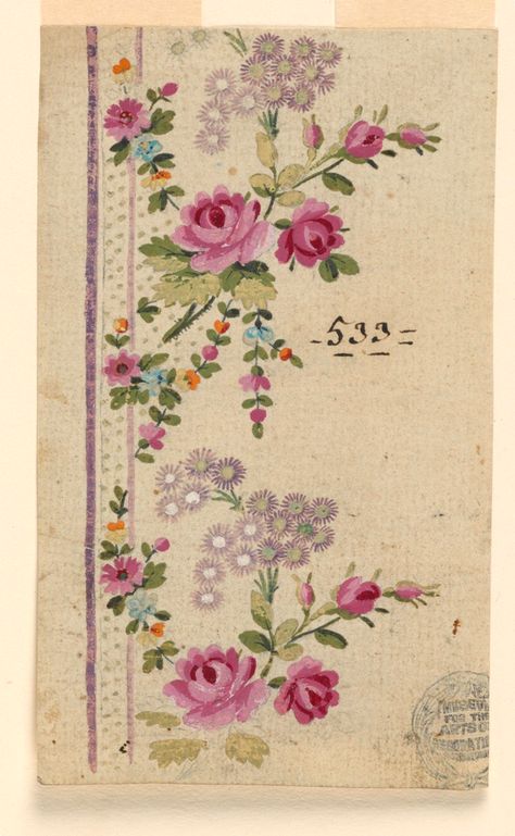 Drawing, Design no. 533 for an Embroidered Vertical Border of the "Fabrique de St. Ruf" Floral Prints Fashion, Flower Bunches, Name Drawings, French Flowers, Rose Images, Floral Drawing, French Floral, Smithsonian Institution, Floral Artwork