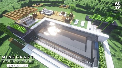 Minecraft Pool Ideas Design, Minecraft Swimming Pool Ideas, Pool In Minecraft, Minecraft Public Pool, Minecraft Pool Ideas, Minecraft Swimming Pool, Minecraft Modern Pool, Modern House Pool, Minecraft Pool