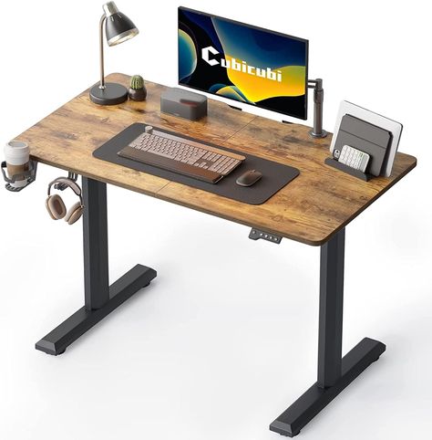 Electric Stand up Height Adjustable Home Office Table, Sit Stand Desk with Splice Board, Black Frame & Rustic Brown Top. Electric Height Adjustable: The desk has 2 preset buttons to customize your desired heights from 72 cm to 117 cm, 2 button supports height memory and one reset button. Desktop Workspace, Rising Desk, Stand Up Table, Standing Desk Height, Electric Desk, Home Office Table, Electric Standing Desk, Computer Workstation, Adjustable Height Standing Desk