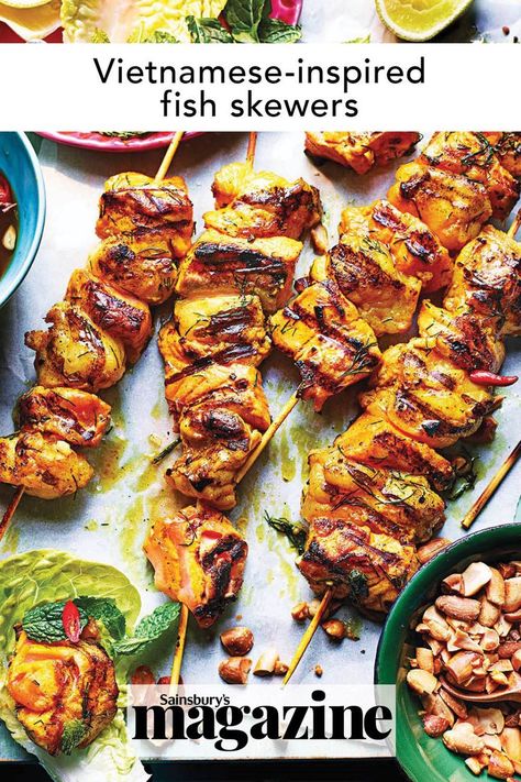 A delicious and easy barbecue recipe, these Vietnamese-inspired fish skewers with a nuoc cham dipping sauce are bursting with vibrant flavours. You can cook them on the bbq or grill, and the marinade would also work well with chicken, tofu, cauliflower or even whole mackerel fillets. Get the Sainsbury's magazine recipe Fish Bbq Recipes, Bbq Fish Recipes, Tofu Cauliflower, Fish Skewers, Sizzling Recipe, Magazine Recipe, Barbecue Recipe, Gluten Free Bbq, Bbq Fish