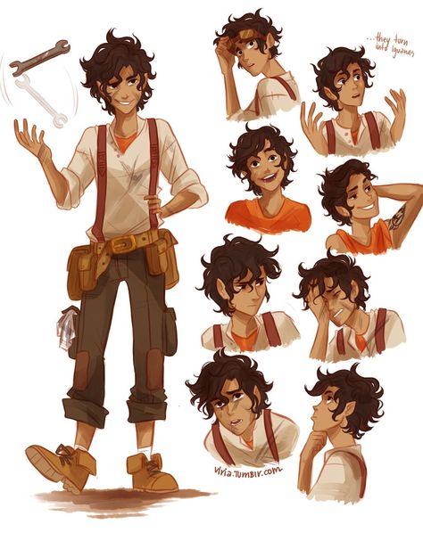 Leo Valdez, it's quite funny, in a lot of fanart Leo wears this super cool outfit Aphrodite has given to him. He only wore it once(Well, i thought it was once, because he didn't really loved his clothes), but still it's just his outfit Zio Rick, Character Design Cartoon, Different Poses, Percy Jackson Fan Art, Percy Jackson Characters, Leo Valdez, Percy Jackson Art, Viria, Rick Riordan Books