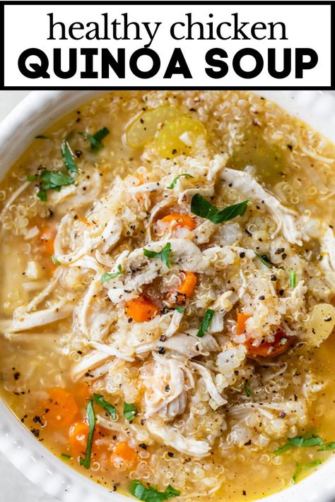 A healthy spin on classic chicken noodle, this Chicken Quinoa Soup is packed with protein, simple ingredients, and cozy flavors. It’s ready to eat in 30 minutes and is easy to make in just one pot! #chickensoup #quinoa #glutenfree Lemon Quinoa Soup, Quinoa Chicken Instant Pot, Chicken Quinoa Soup Crockpot, Quinoa And Chicken Recipes Easy, Chicken Quinoa Soup Recipes, Chicken Soup Quinoa, Chicken Soup With Kale And Carrots, Quinoa Meals Healthy, Healthy And Hearty Soups