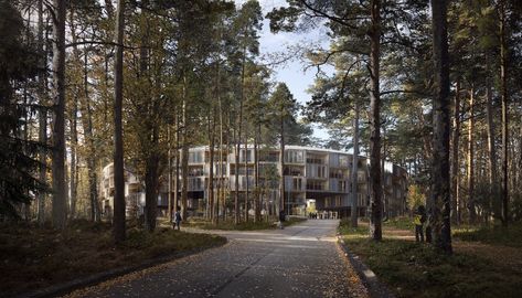 Forest Hotel Architecture, Architecture In Forest, Block House Exterior, Forest Park Design, Forest Building, Forest Architecture, Design Analysis, Residential Complex, Landscape Plans