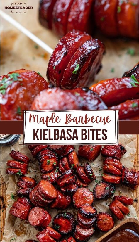 Maple BBQ Hasselback Kielbasa Bites are a delicious and flavorful appetizer made with bite-sized sections of smoked sausage cut in a Hasselback style, and coated in a sweet and tangy maple barbecue sauce. Then, they are cooked in an air fryer for a slight char, infusing the maple barbecue sauce into each bite.