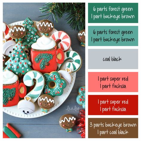 Pine Christmas Color Palette and Icing Formulas Americolor Mixing Chart Royal Icing, Icing Color Palette, Christmas Icing, Christmas Cookie Icing, Food Coloring Chart, Cookie Decorating Icing, Christmas Palette, Decorating Icing, Frosting Colors