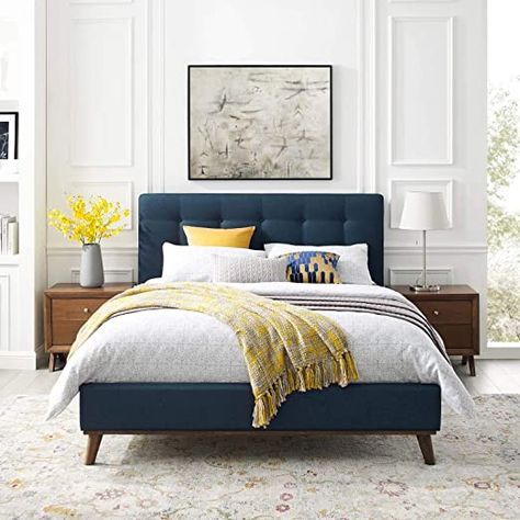 Fabric Platform Bed, Blue Headboard, Tufted Platform Bed, Solid Wood Bed Frame, Fabric Bed Frame, Bed Platform, Queen Platform Bed, Bedroom Headboard, Modway Furniture