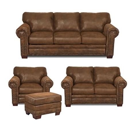 -Leather look solid color microfiber -Solid wood frame will last for years -Comfortable foam seat and back cushions are -wrapped with fiber for a comfortable seat -Nail head accents bring a rustic look to this group -Solid wood legs -Ships in several boxes, may ship separately Western Rustic Home Decor, Log Kitchen, Southwestern Chairs, Rustic Ranch Decor, Lodge Living Room, 4 Piece Living Room Set, Lodge Furniture, Microfiber Sofa, Bedroom Chairs