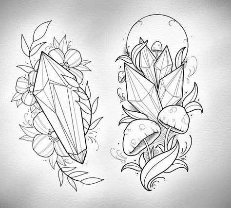 Crystal Witch Tattoo, Flower And Crystal Tattoo, Crystal And Mushroom Tattoo, Witch Tattoo Stencil, Crystal Flower Tattoo, Crystals Drawings, Brenda Tattoo, Crystal Tattoo Design, Mushrooms Tattoo