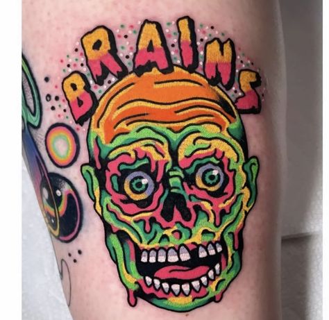 Neon Green Tattoo, American Traditional Zombie Tattoo, Cute Zombie Tattoo, Zombie Traditional Tattoo, Horror American Traditional Tattoo, Traditional Monster Tattoo, Traditional Tattoos Halloween, Slime Tattoo, Zombie Tattoo Ideas