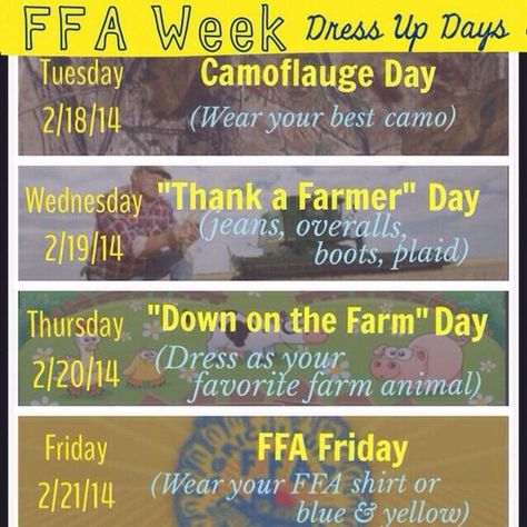 National Ffa Week Dress Up Days, Ffa Dress Up Days, Ffa Week Activities, Ffa Week Dress Up Days, Ffa Activities High Schools, Ffa Week Ideas Activities, National Ffa Week Ideas, Ffa Bulletin Boards Ideas High Schools, Ffa Spirit Week Ideas