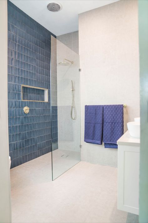 ABI's brushed nickel, navy blue masia feature tiles and concrete fusion pewter floor and wall tiles Navy And Brushed Nickel Bathroom, Navy Blue Tiles Bathroom, Navy Shower Room, Navy Tiles Bathroom, Navy Blue Bathroom Tile, Blue Grey Bathroom Ideas, Navy Tile Bathroom, Blue And Grey Bathroom, Navy Blue Bathroom