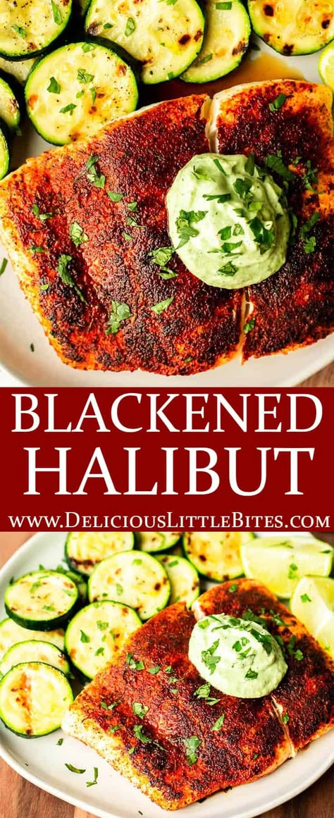 Blackened Halibut, Cajun Dinner, Grilled Halibut Recipes, Avocado Lime Crema, Halibut Recipes Baked, Recipe With Avocado, Keto And Gluten Free, Halibut Recipe, Dinner Seafood