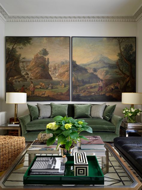 Step Inside This Fashion Insider's Cozy London Row House | Architectural Digest Cozy London, 1960s Chairs, Trendy Sofas, London Townhouse, Paint And Paper Library, Yellow Sofa, Townhouse Designs, Green Velvet Sofa, Cottage Interior